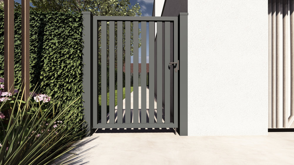 Antraciet aluminium poort Alzebra met verticale latten, open design aan moderne woning