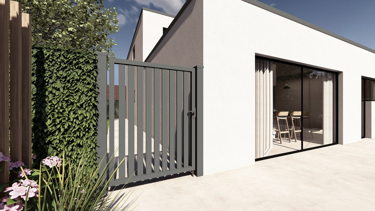 Aluminium tuinpoort Alzebra in antracietgrijs, verticale lamellen, open model