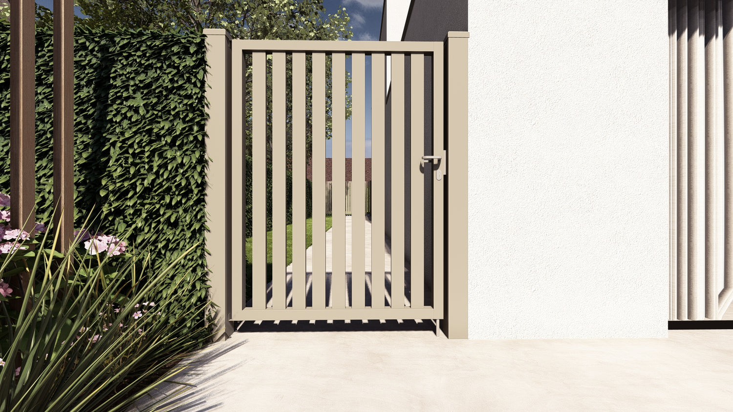 Aluminium tuinpoort Alzebra in kwartsgrijs, verticale lamellen, open model