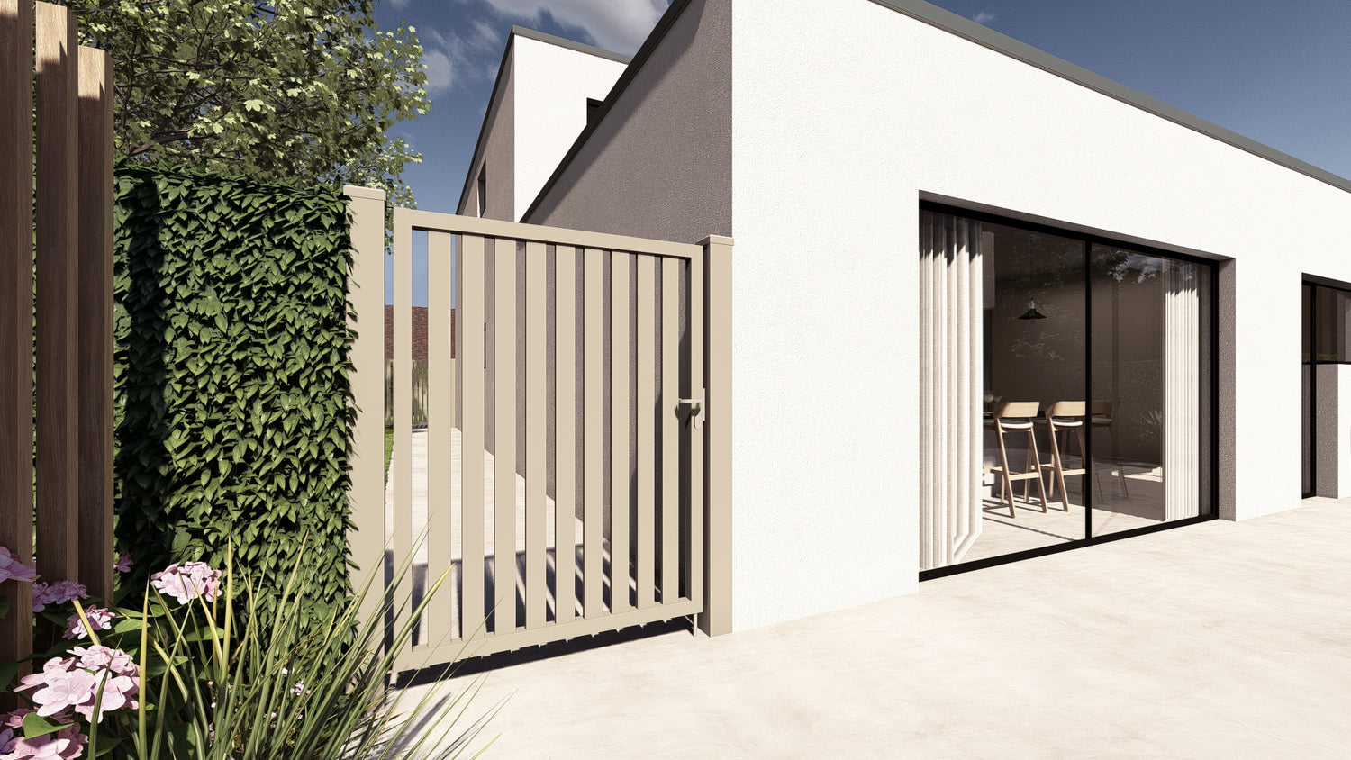 Aluminium tuinpoort Alzebra in kwartsgrijs, verticale lamellen, open model