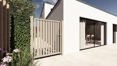Aluminium tuinpoort Alzebra in kwartsgrijs, verticale lamellen, open model