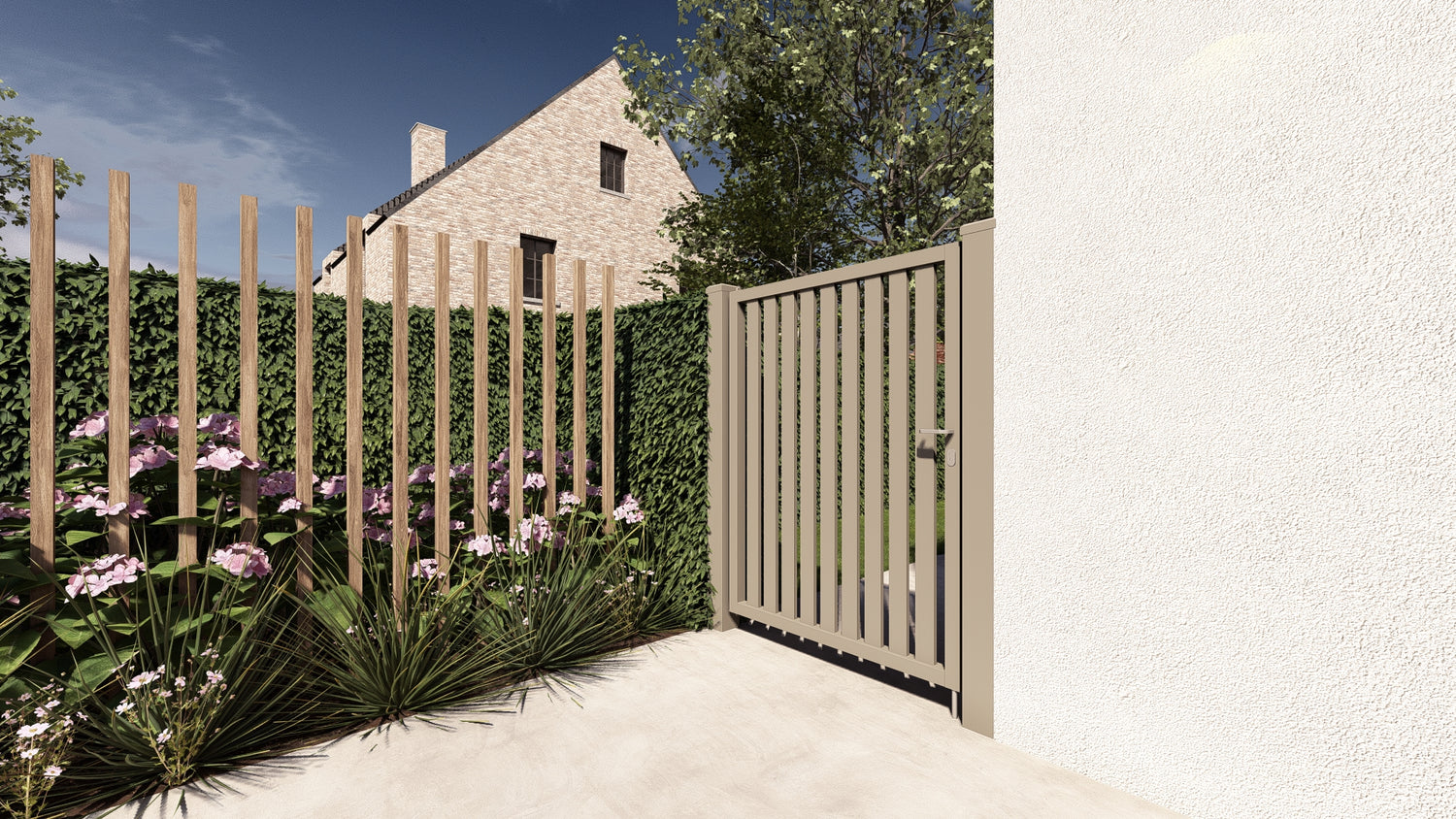 Zijaanzicht van open verticale Alzebra poort in kwartsgrijs aluminium aan moderne gevel