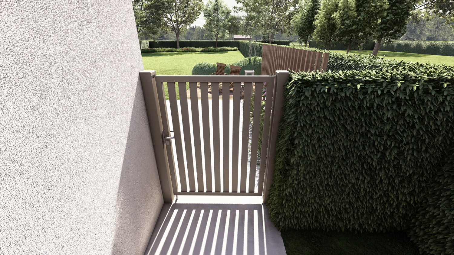 Bovenaanzicht van open verticale Alzebra poort in kwartsgrijs aluminium aan moderne gevel