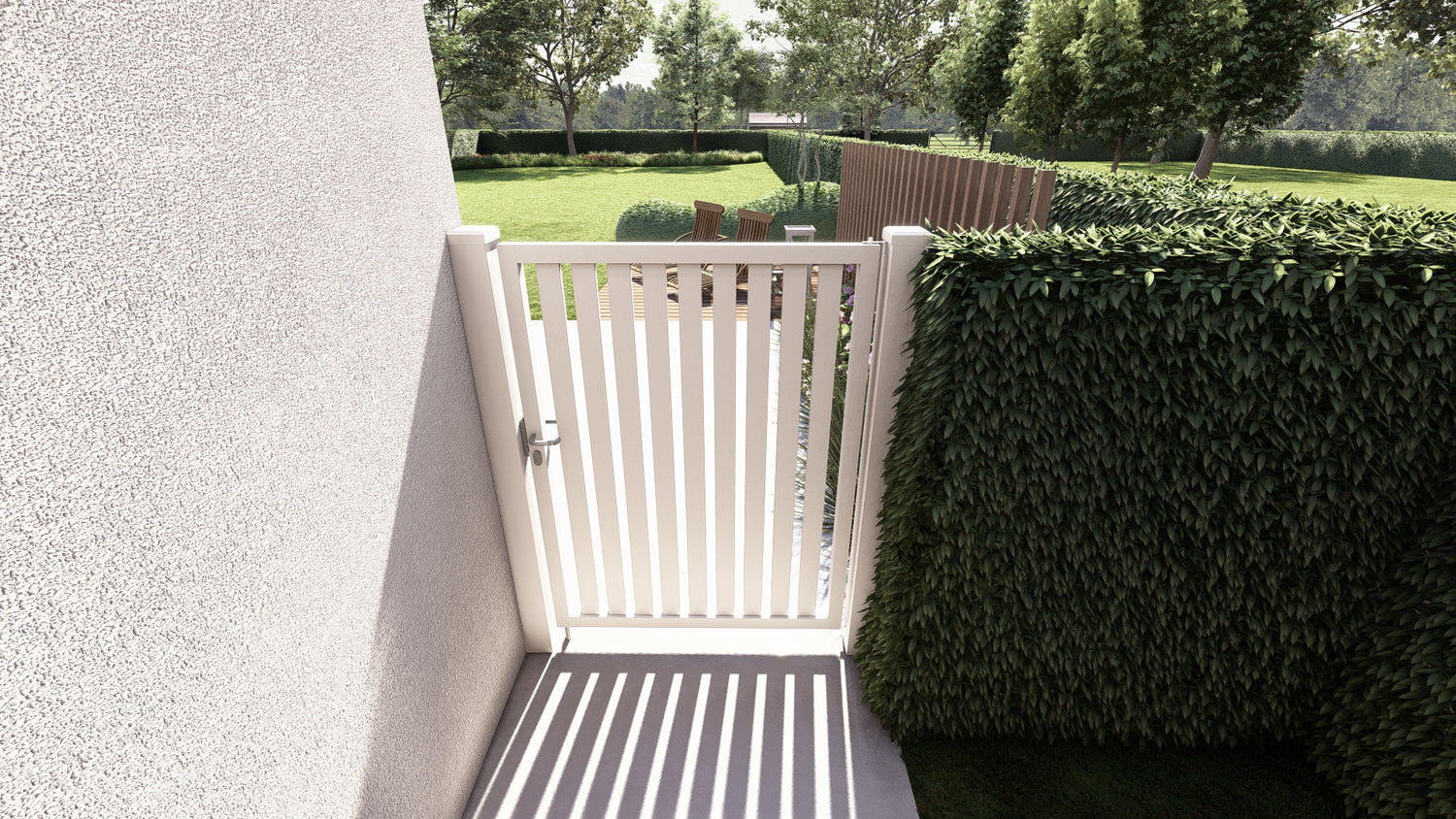 bovenaanzicht van Alzebra aluminium poort met vericale open lamellen