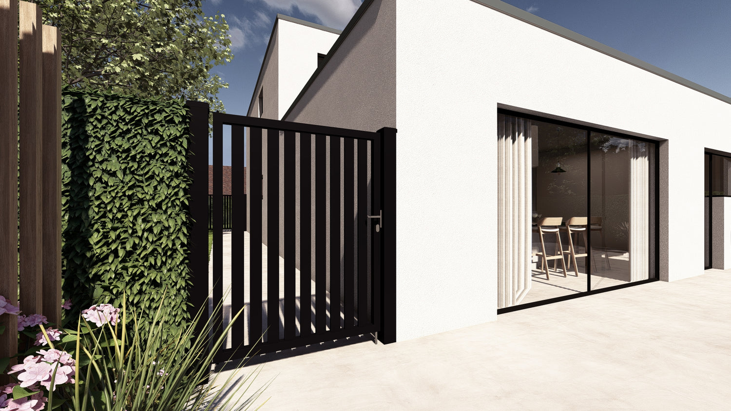 Zwarte Alzebra aluminium tuinpoort aan moderne gevel