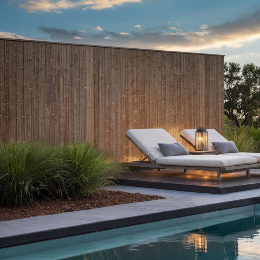 Moderne houten afsluiting van verticale thermowood latjes (Bardot wand) met zwarte rand als privacywand bij een zwembad.
