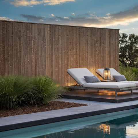 Moderne houten afsluiting van verticale thermowood latjes (Bardot wand) met zwarte rand als privacywand bij een zwembad.