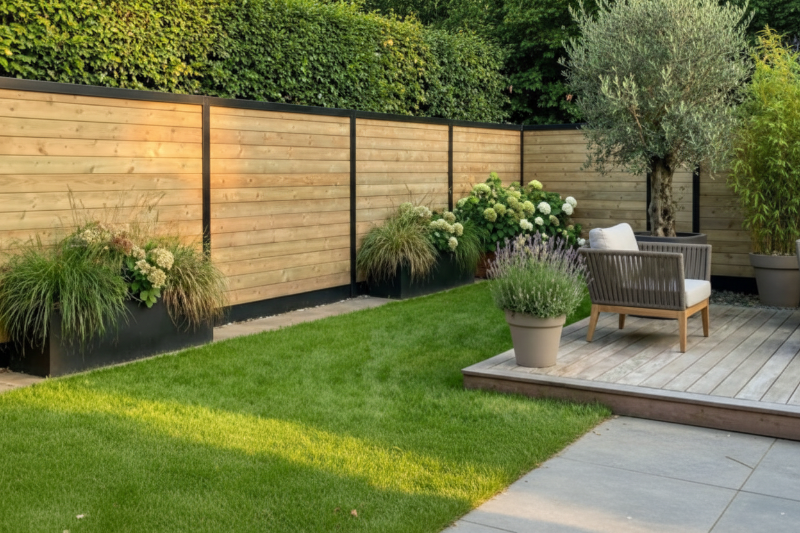 Tuinafsluiting in grenen geïmpregneerd naaldhout tand en groef in combinatie met ME-HA aluminium palen