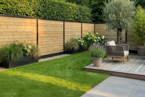 Tuinafsluiting in grenen geïmpregneerd naaldhout tand en groef in combinatie met ME-HA aluminium palen