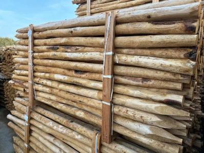 Zijaanzicht kastanje paal diameter 6-8 cm. 2 pakken kastanje palen op elkaar gestapeld. Beste kwaliteit.