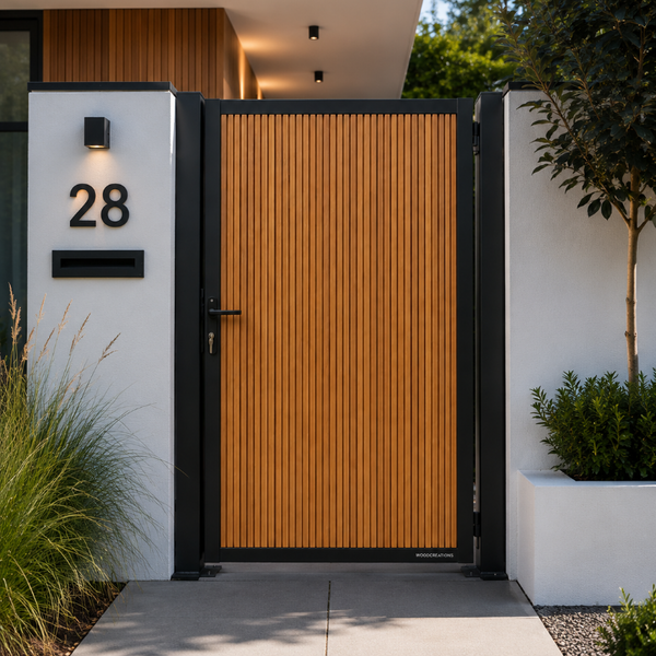 Tuindeur in aluminium met ayous planken