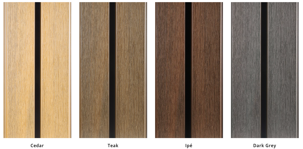 Kleurengamma van Fiberdeck WEO composiet gevelbekleding in de vier uitvoeringen: Teak, Ipé, Silver Grey en Dark Grey (Antraciet)
