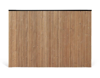 Luxe Bardot tuinscherm van thermowood vuren met verticaal ribprofiel en zwart aluminium bovenprofiel.