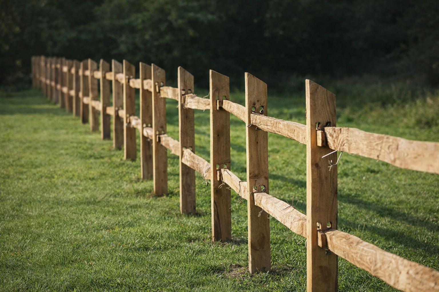 Robinia post en rail afsluiting met robinia palen en houten liggers geplaatst in een grasweide