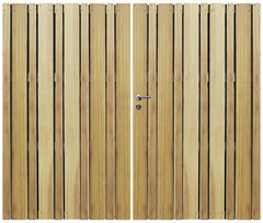 Strakke houten Iroko poort dubbelzijdig beplankt met zwarte palen 180x200cm