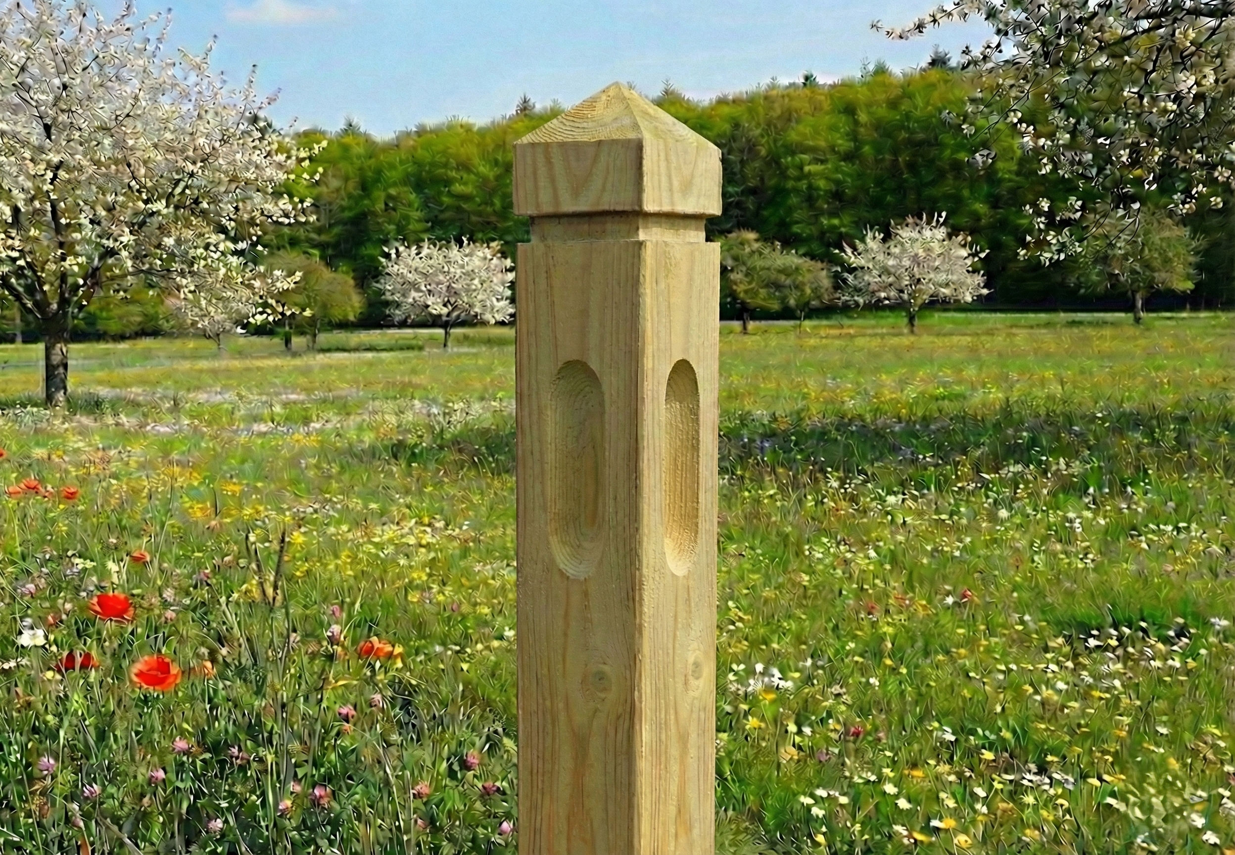 Paardenafsluiting 2 regels - Rood Noors grenenhout met diamantkop - hoekpaal