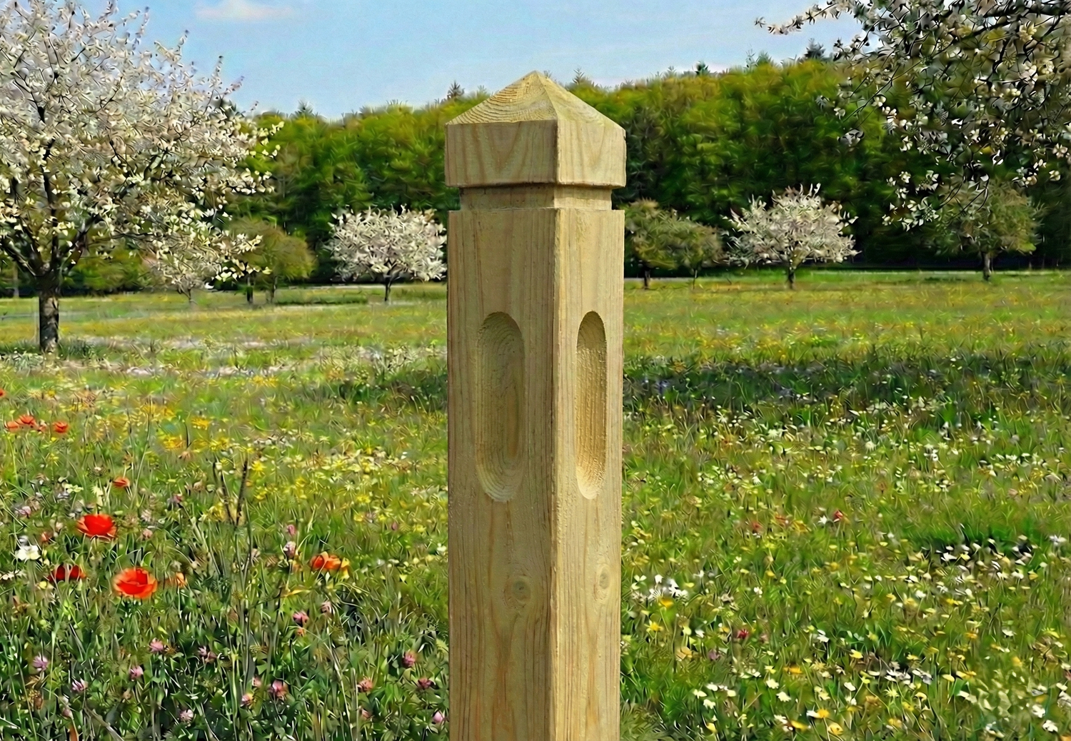 Paardenafsluiting 3 regels - Rood Noors grenenhout met diamantkop - hoekpaal