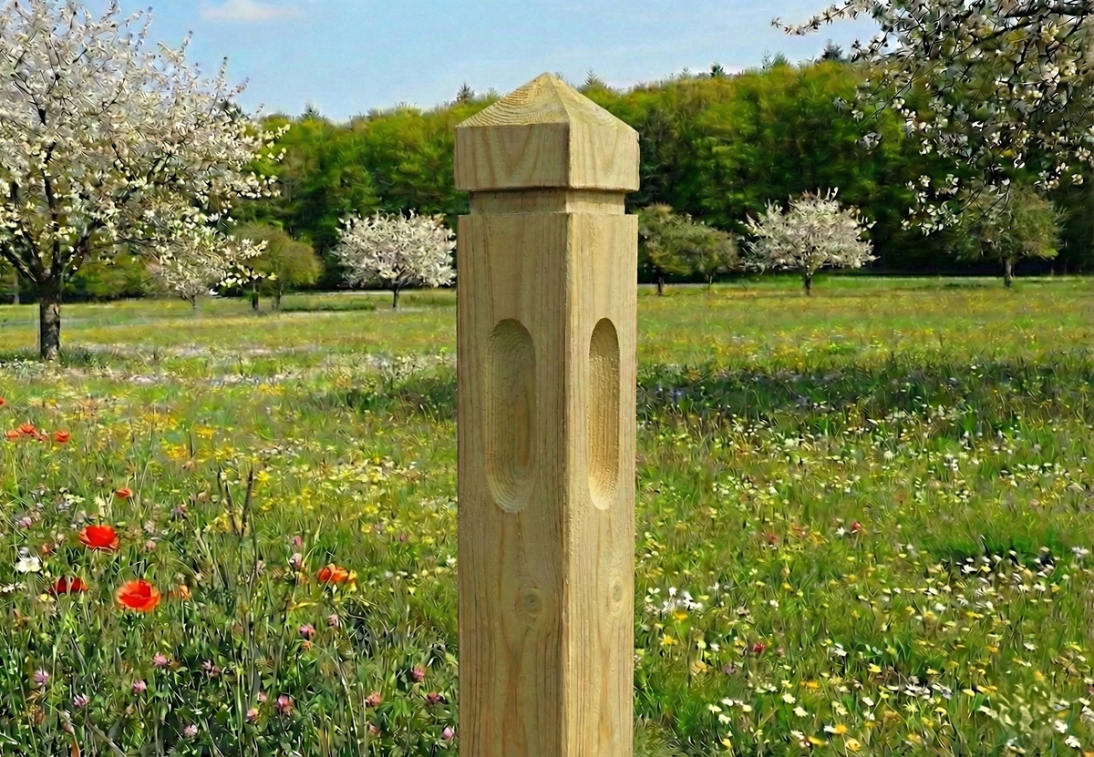 Paardenafsluiting 3 regels - Rood Noors grenenhout met diamantkop - hoekpaal