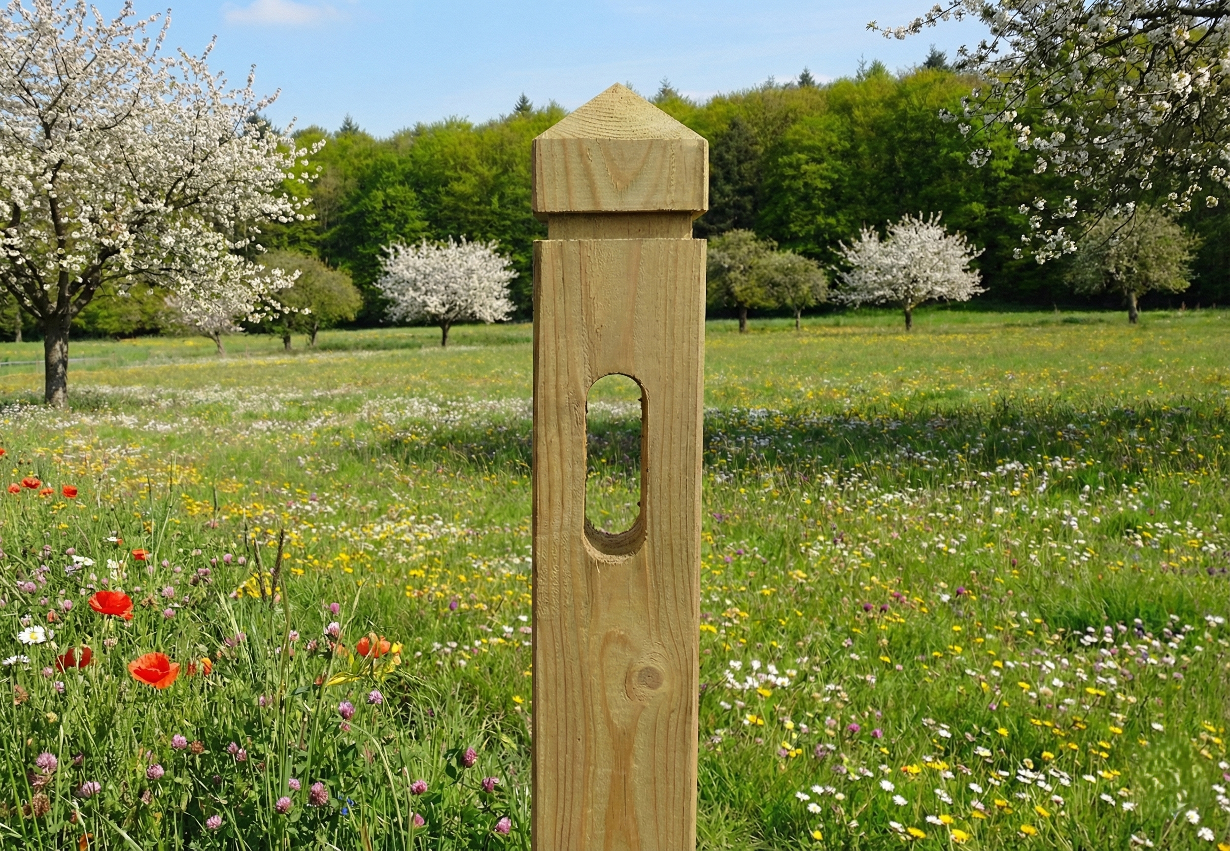 Paardenafsluiting 3 regels - Rood Noors grenenhout met diamantkop - tussenpaal