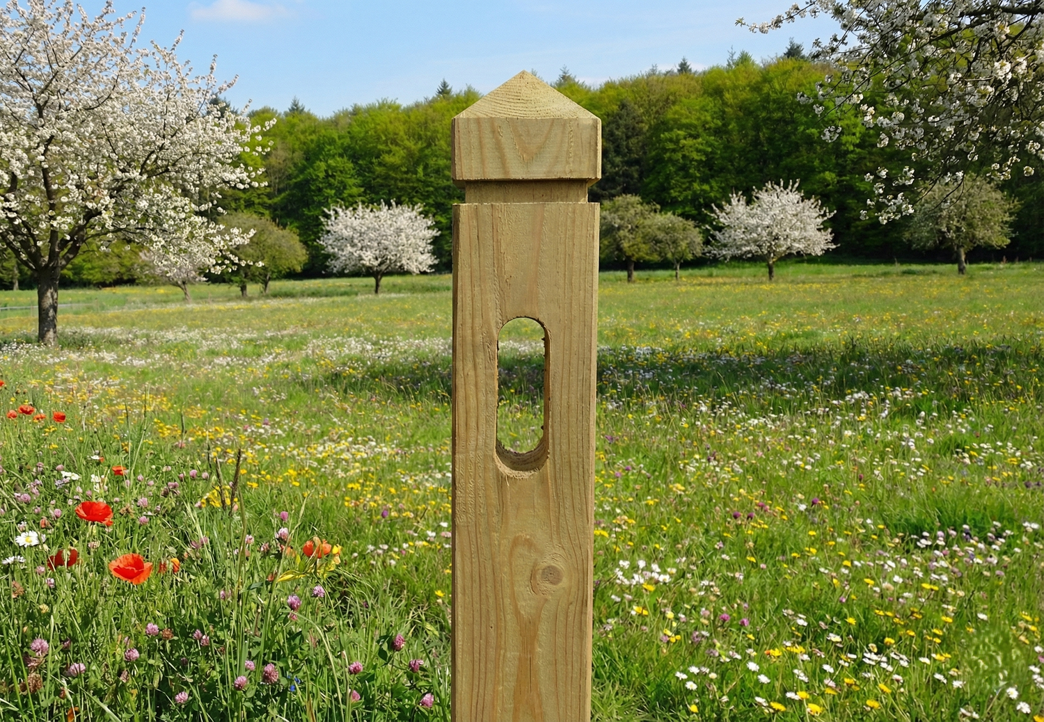 Paardenafsluiting 3 regels - Rood Noors grenenhout met diamantkop - tussenpaal