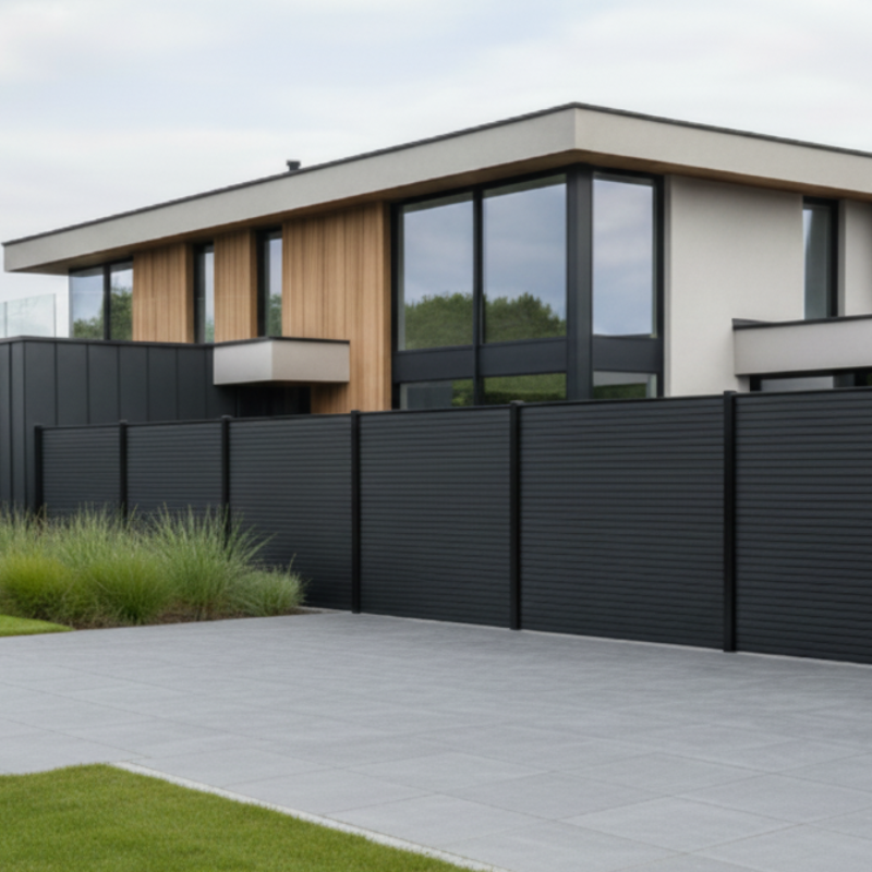 Moderne zwarte schutting Fiberdeck Modern in onderhoudsvrije composiet