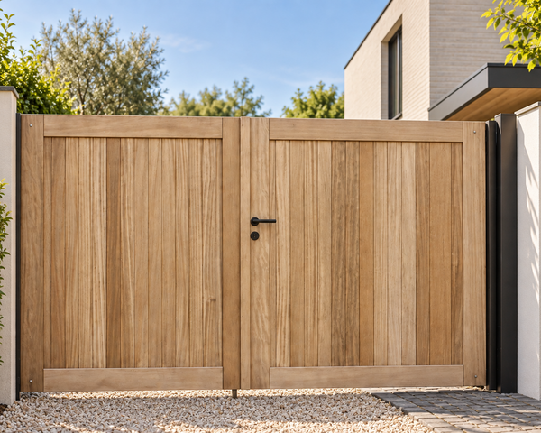 Opritpoort Barcelona in iroko hout met zwart beslag