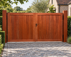 Barcelona opritpoort in padouk 180 x 300 cm met zwarte deurklink