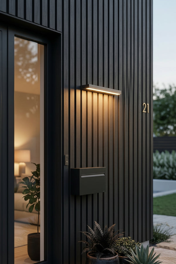 Moderne woning met verticale gevelbekleding van thermisch gemodificeerd populierenhout in een zwarte kleur